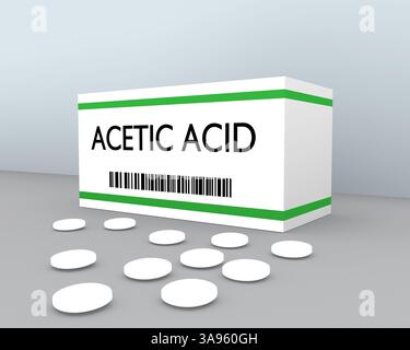 Illustrazione 3D della stampa di acido acetico su una scatola di pillole, insieme ad alcune pile sparse su una superficie grigia con sfondo bluastro. Foto Stock