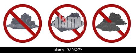 Vettoriale con nuvole nere di fumo in segno di proibizione. Non inquinare la natura. È vietato fumare. Raccolta di segni proibiti per la firma Illustrazione Vettoriale