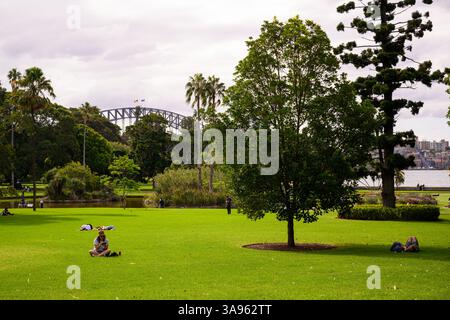 Rilassatevi nei Giardini Botanici di Sydney in una giornata di sole, con il Sydney Harbour Bridge sullo sfondo, Sydney, Australia Foto Stock
