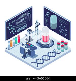 Laboratorio Isometrico guidato dall'IA per la ricerca farmaceutica e le biotecnologie. Intelligenza artificiale nello sviluppo di farmaci Illustrazione Vettoriale
