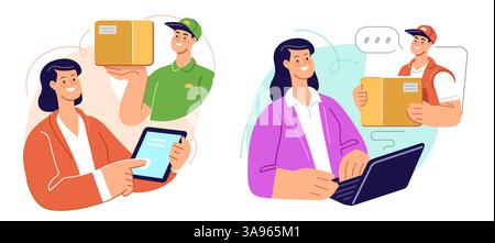 Concetto di servizio di consegna in negozio online. Cliente acquirente che utilizza Internet ordina il pacco dal corriere. Cartone animato dal design piatto Illustrazione Vettoriale