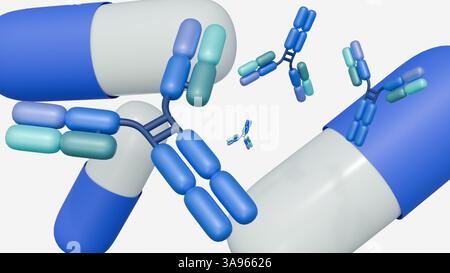 Rendering 3d della capsula del farmaco e delle molecole di anticorpi sparse, rappresentazione della somministrazione del farmaco e targeting degli anticorpi. Foto Stock