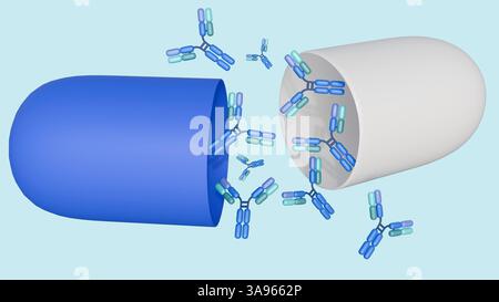 Rendering 3d della capsula del farmaco e delle molecole di anticorpi sparse, rappresentazione della somministrazione del farmaco e targeting degli anticorpi. Foto Stock