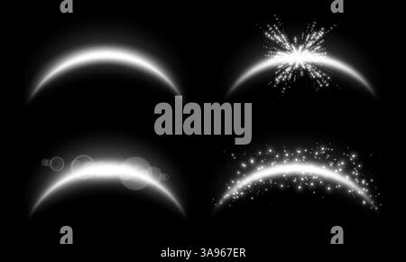 Archi magici bianchi con particelle luminose e lenti color argento a luce solare. Arco luminoso realistico al neon. Effetto di luce astratta su un nero Illustrazione Vettoriale