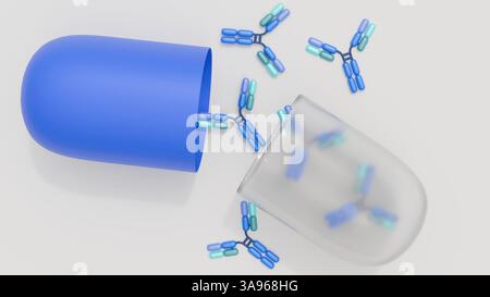 Rendering 3d della capsula del farmaco e delle molecole di anticorpi sparse, rappresentazione della somministrazione del farmaco e targeting degli anticorpi. Foto Stock
