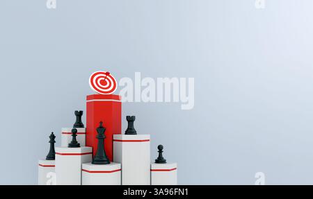 Illustrazione della strategia aziendale 3D con pezzi scacchistici sui podi, simbolo di leadership, successo, definizione degli obiettivi e pianificazione strategica. Foto Stock