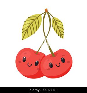 Due felici ciliegie cartoni animati con volti e gambi verdi a foglia verde Illustrazione Vettoriale