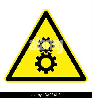 Segnale di avvertimento triangolare giallo che raffigura due ingranaggi rotanti interbloccanti neri, a simboleggiare il potenziale pericolo derivante dalle parti in movimento Illustrazione Vettoriale