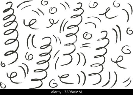 Il marcatore nero squilla le linee. Coriandoli per feste per bambini disegnati a mano. Elementi lineari pennello impostati isolati su sfondo bianco. Scarabocchiare Illustrazione Vettoriale