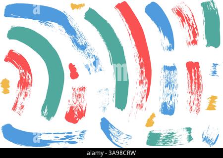 Linee di pennello ondulato colorato. Il vettore disegnato a mano squilla le forme. Elementi tracciati lineari con pennello impostati isolati su sfondo bianco. Scribb Illustrazione Vettoriale