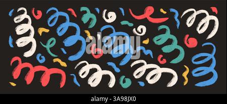 Sfondo multicolore con linee ondulate di scoiattolo in pastello. Set di coriandoli a spirale astratti per feste. Le feste di compleanno curve sfoggiano la decorazione su bd scuro. Illustrazione Vettoriale