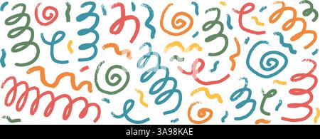 Scoiattoli colorati disegnati con pastelli e linee a spirale. Coriandoli disegnati a mano per feste per bambini. Elementi lineari per la corsa del pennello impostati isolati su backgroun bianco Illustrazione Vettoriale