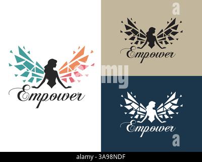 Elevate Emblem: Un logo moderno e dinamico che mostra una figura femminile con ali strutturate che rappresentano ambizione, forza e progresso. Illustrazione Vettoriale