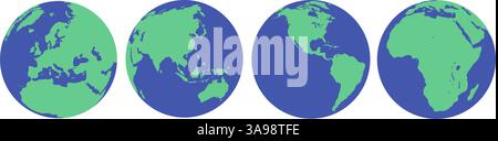 Illustrazione vettoriale di quattro icone della mappa del mondo che mostrano America, Europa, Africa e Asia. Elementi di design del globo terrestre per cedere la diversità Illustrazione Vettoriale