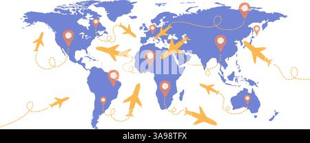 Illustrazione delle rotte di viaggio degli aerei su una mappa del mondo. Concetto di traffico aereo mondiale o idea astratta del business delle comunicazioni globali Illustrazione Vettoriale