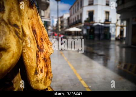 Ronda, Andalusia, Costa de Sol, Spagna. Prosciutto spagnolo Jamon come decorazione di fronte a un negozio nella zona pedonale. Marzo 14,2025 Foto Stock