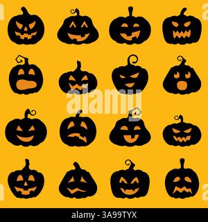 Decorazione halloween jack-o-Lantern silhouette set. Zucche progetta con diverse espressioni del viso Illustrazione Vettoriale