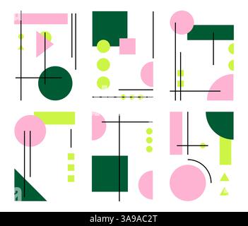 Set di poster colorati con forma geometrica e set di linee. motivo astratto, design line art, stile alla moda. Illustrazione Bauhaus con cerchio, quadrato Illustrazione Vettoriale