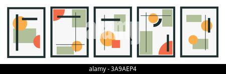 Set di poster colorati con forma geometrica e set di linee. motivo astratto, design line art, stile alla moda. Illustrazione Bauhaus con cerchio, quadrato Illustrazione Vettoriale