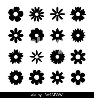 set di margherite nere da figure geometriche, collezione di sagome astratte di fiori icone isolate sul bianco Illustrazione Vettoriale