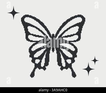 Pixel y2k Black Butterfly.futuristica silhouette a farfalla retrò isolata, forme y2k, oggetti con logo pixel Illustrazione Vettoriale