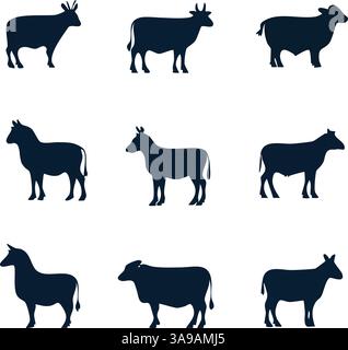Una griglia di nove sagome di mucche, tori e cavalli in varie pose, mostrando angoli e dimensioni differenti. Le immagini sono semplici e monocromatiche, Illustrazione Vettoriale