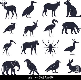 Una collezione di illustrazioni di silhouette con vari animali, tra cui cervi, uccelli, volpi, topi, orsi, un elefante e un coniglio. Illustrazione Vettoriale