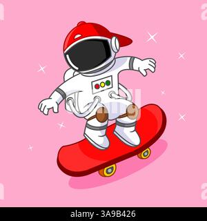 L'astronauta esegue il freestyle su skateboard Illustration Cartoon Design Vector Illustrazione Vettoriale