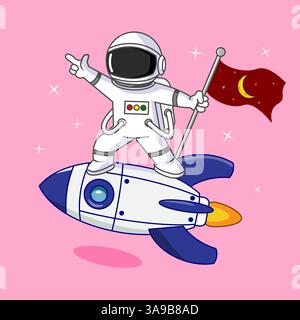 Carino astronauta Vector Cartoon Design, con un entusiasmo che porta la bandiera della luna Illustrazione Vettoriale