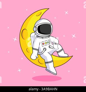 Simpatico astronauta seduto sulla Luna, illustrazione vettoriale Cartoon Design Illustrazione Vettoriale
