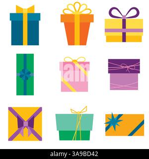 Set di nove icone colorate di confezioni regalo. Illustrazione vettoriale Illustrazione Vettoriale