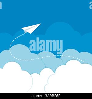 Aeroplano di carta tra le nuvole su sfondo blu. Illustrazione vettoriale Illustrazione Vettoriale