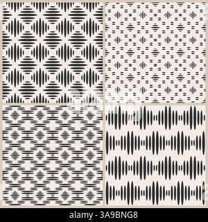 Set vettoriale di quattro pattern senza cuciture. Sfondo geometrico ripetuto con ovali e rombo. Modello monocromatico semplice Illustrazione Vettoriale