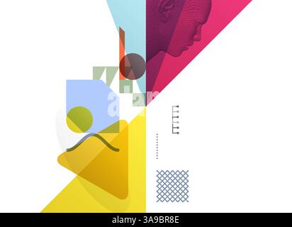 Composizione artistica. Sfondo geometrico trasparenza astratta. Testa umana digitale che si costruisce a partire da cubi. Modello di design della copertina per la presentazione, divieto Illustrazione Vettoriale