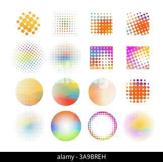 Set di sfondo a punti mezzitoni di elementi colorati rotondi. disegno a mano. Non ai, illustrazione vettoriale. Illustrazione Vettoriale