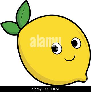 Dolce limone sorridente con faccia felice e foglie verdi in stile cartoni animati. Illustrazione Vettoriale
