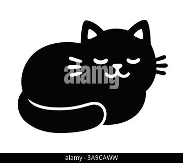 Carino gatto nero a fumetti che dorme. Semplice disegno in bianco e nero, illustrazione grafica vettoriale isolata. Illustrazione Vettoriale