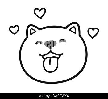 Grazioso ritratto di Shiba Inu con la lingua fuori e il cuore. Baci per cuccioli, amore per animali domestici. Disegni in bianco e nero. Divertente semplice illustrazione vettoriale dei cartoni animati. Illustrazione Vettoriale