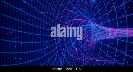 Flusso astratto di dati nel wormhole cibernetico. Vortice di informazioni di calcolo quantistico. Singolarità digitale. Foto Stock