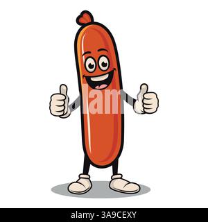 Divertente illustrazione Vector Mascot Sausage. Personaggio Hot Dog Cartoon con Happy Face, Thumbs Up, indossare guanti bianchi, stile retrò. Bella Mascotte di salsiccia Illustrazione Vettoriale