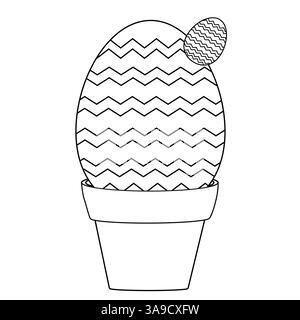 Una pagina colorata in bianco e nero con un uovo di Pasqua stilizzato come un cactus in una pentola di fiori. Perfetto per i bambini e l'artigianato delle vacanze. Illustrazione Vettoriale