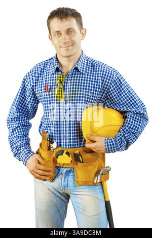 Un lavoratore che tiene il casco isolato Foto Stock