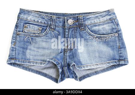 Pantaloncini Blue jean con sfondo bianco Foto Stock