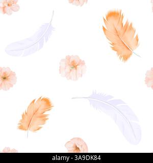 Acquerello motivo senza cuciture da piume e pesca, ciliegia o fiori Sakura in colori pastello. Illustrazione disegnata a mano per tessuti, tessuti e. Foto Stock