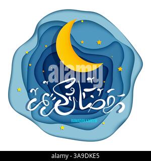 Elegante calligrafia araba del Ramadan Kareem in bianco, su uno sfondo blu profondo in stile papercut, caratterizzato da una luna a mezzaluna dorata. PE Illustrazione Vettoriale