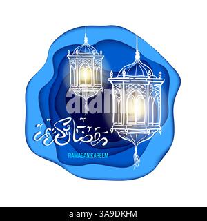 Elegante calligrafia araba del Ramadan Kareem in bianco, su uno sfondo blu profondo in stile papercut, caratterizzato da una luna a mezzaluna dorata. PE Illustrazione Vettoriale