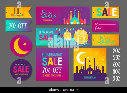 Una serie di vivaci cartellini e striscioni a prezzi scontati di Eid Mubarak con lanterne islamiche, lune a mezzaluna e sagome di moschea. Ideale per il ballo delle vacanze Illustrazione Vettoriale