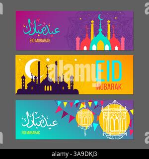 Un vivace set di tre striscioni Eid Mubarak con lanterne islamiche, lune a mezzaluna e sagome di moschea in design colorati e moderni. Perfetto Illustrazione Vettoriale