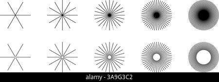 Linee radiali dritte. Set di simboli dei raggi solari isolati su sfondo bianco. Segnali di alba, alba o tramonto. Icone di radianza, esplosione o fuochi d'artificio. Illustrazione grafica vettoriale. Illustrazione Vettoriale