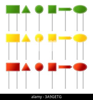 Segnali stradali colorati. Verde giallo rosso. Schede di traffico vettoriali. Set di forme minimali. Illustrazione Vettoriale